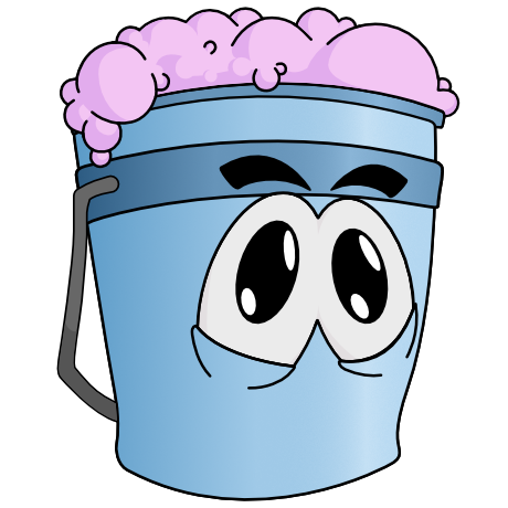 blue cartoon bucket Howie with pink bubbles and big eyes